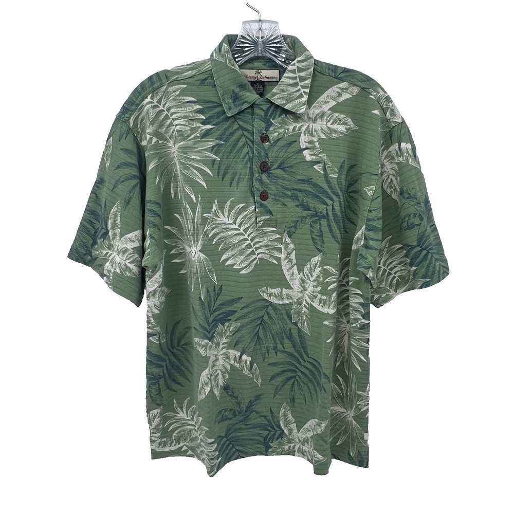 TOMMY BAHAMA Men's S Green Tropical Hawaiian Resort Silk/Cotton Blend Polo Shirt